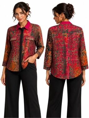 Hand Crafted Batik Beaded Art To Wear Shirt Hidden Buttons Statement Top M/L
